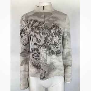 St. John For Nordstrom Sz S Leapord Graphic Print Full Zip Sweater Tan Rayon